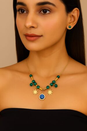 Evil Eye Charm Necklace & Earrings Combo Set for Women – 22K Gold Plated, Stainless Steel, Anti-Tarnish, Waterproof, Adjustable Fashion Jewellery for Everyday & Party Wear