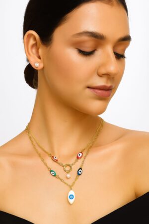 Azshopway Evil Eye Layered Gold-Plated Necklace with Pearl Drop & Matching Stud Earrings | Anti-Tarnish Fashion Jewellery Set for Women & Girls