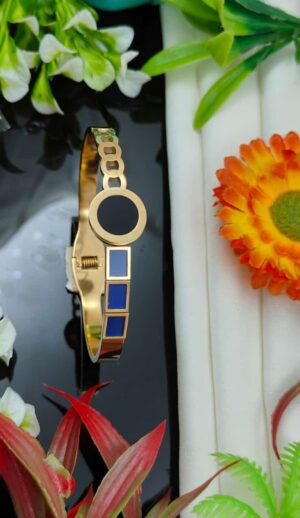 AzG-Gold-Plated Bracelet, Blue and Black Enamel Inlay, Designer Cuff Style.Anti-Tarnish Waterproof Stainless Steel Jewelry | Elegant Daily Wear Bangle Gift for Her*