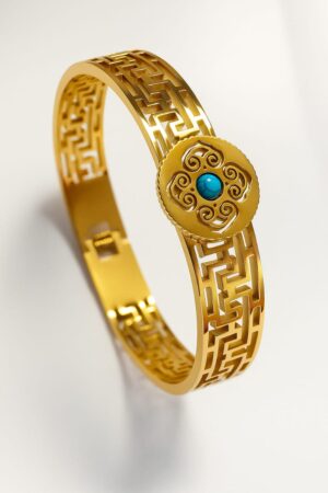 AzG- 22K Gold Plated Stainless Steel Anti-Tarnish Waterproof Bracelet for Women | Designer Bangle with Turquoise Stone Charm