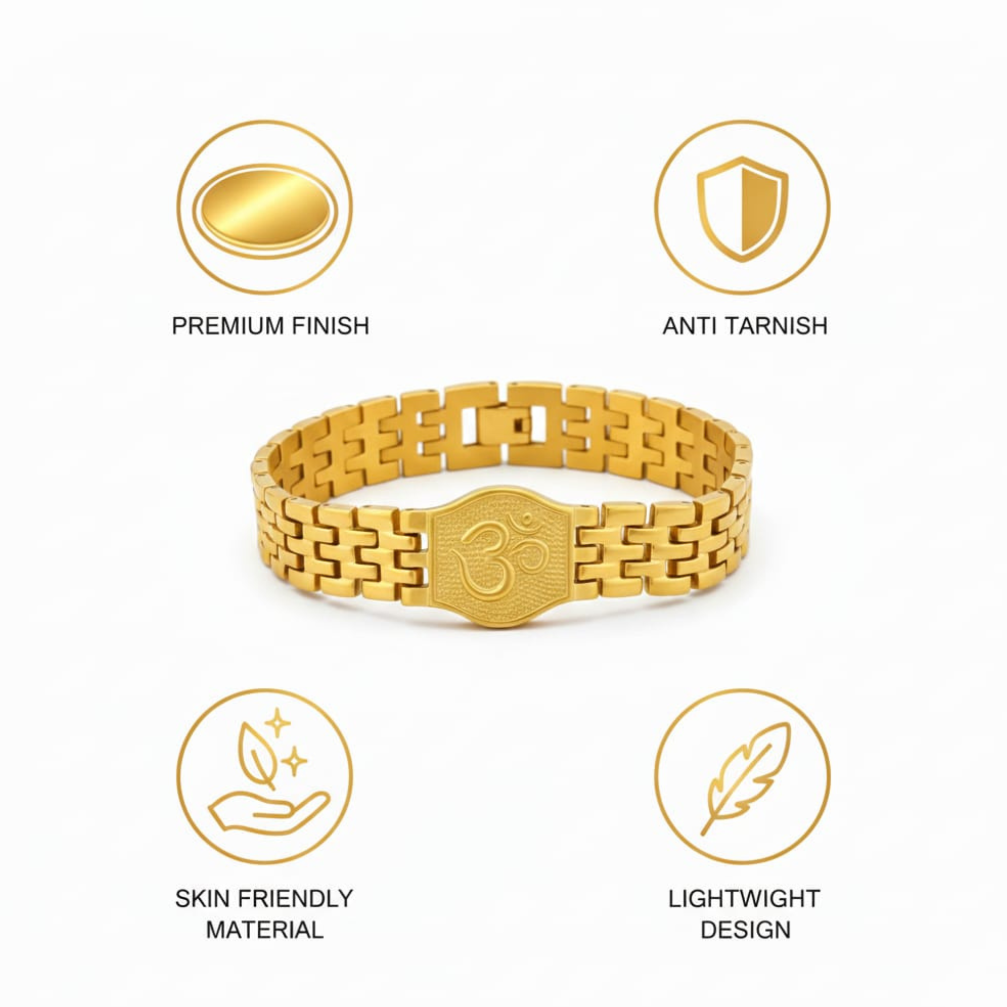 Premium Gold Plated Stainless Steel Om Bracelet for Men | (8 inch) 18K Gold Look Brass 13MM Heavy Designer Spiritual Kada | Anti-Tarnish, Water-Resistant, Adjustable Religious Jewellery - Image 9