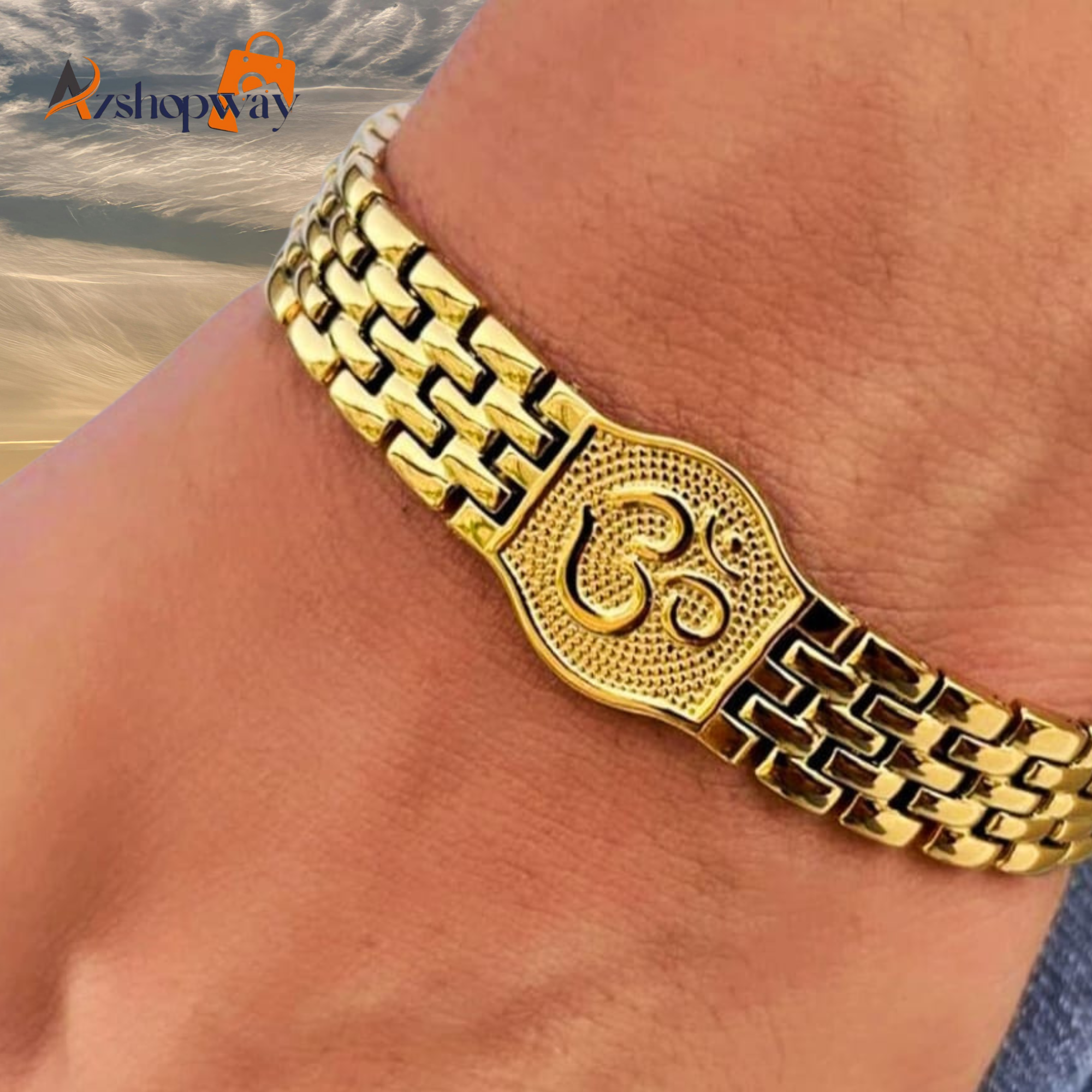 Premium Gold Plated Stainless Steel Om Bracelet for Men | (8 inch) 18K Gold Look Brass 13MM Heavy Designer Spiritual Kada | Anti-Tarnish, Water-Resistant, Adjustable Religious Jewellery - Image 4