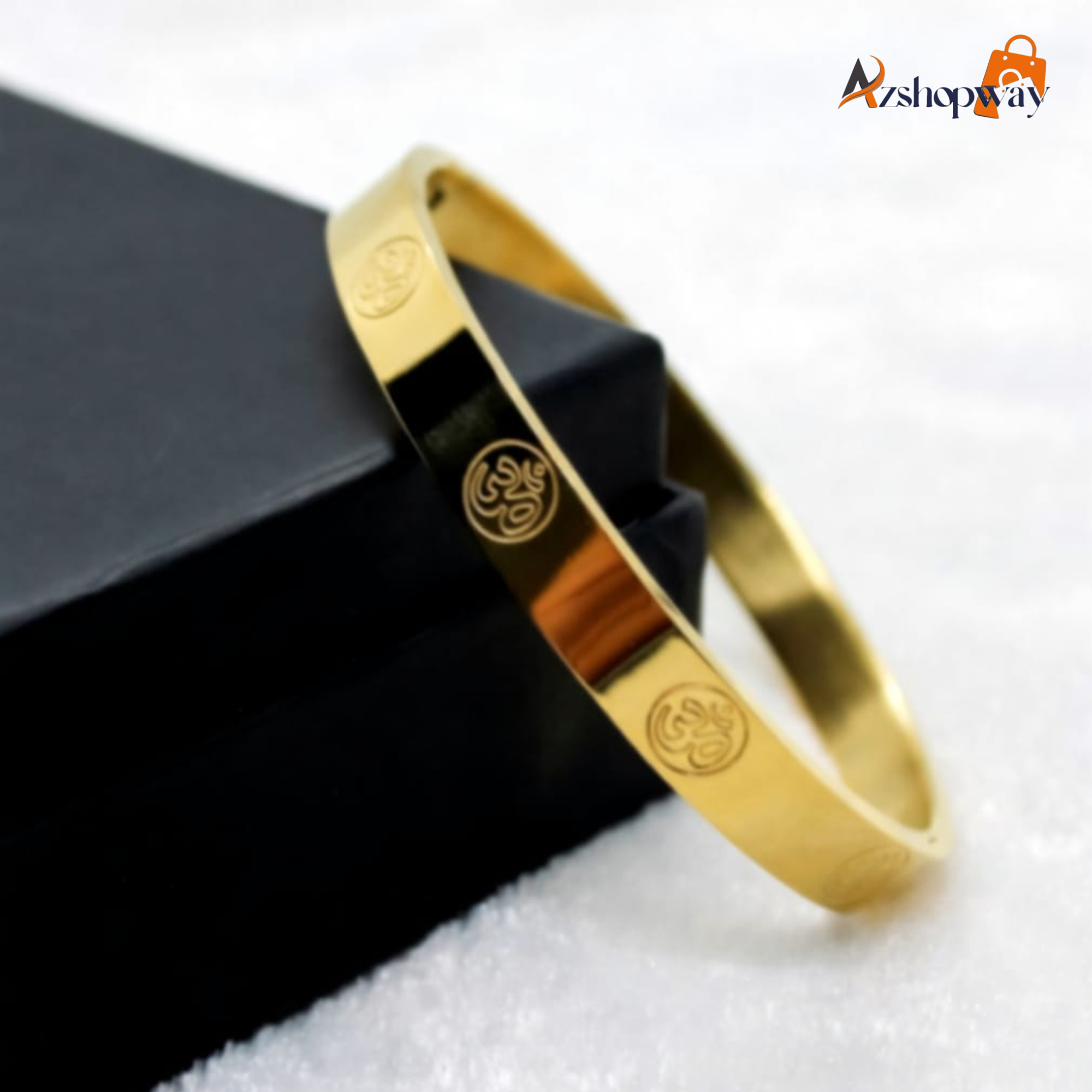 Azshopway Stunning Om Gold Bracelet for Men | Stainless Steel Gold Plated Kada | Spiritual Om Wristband | Fixed Size Luxury Bracelet for Men & Boys - Image 2