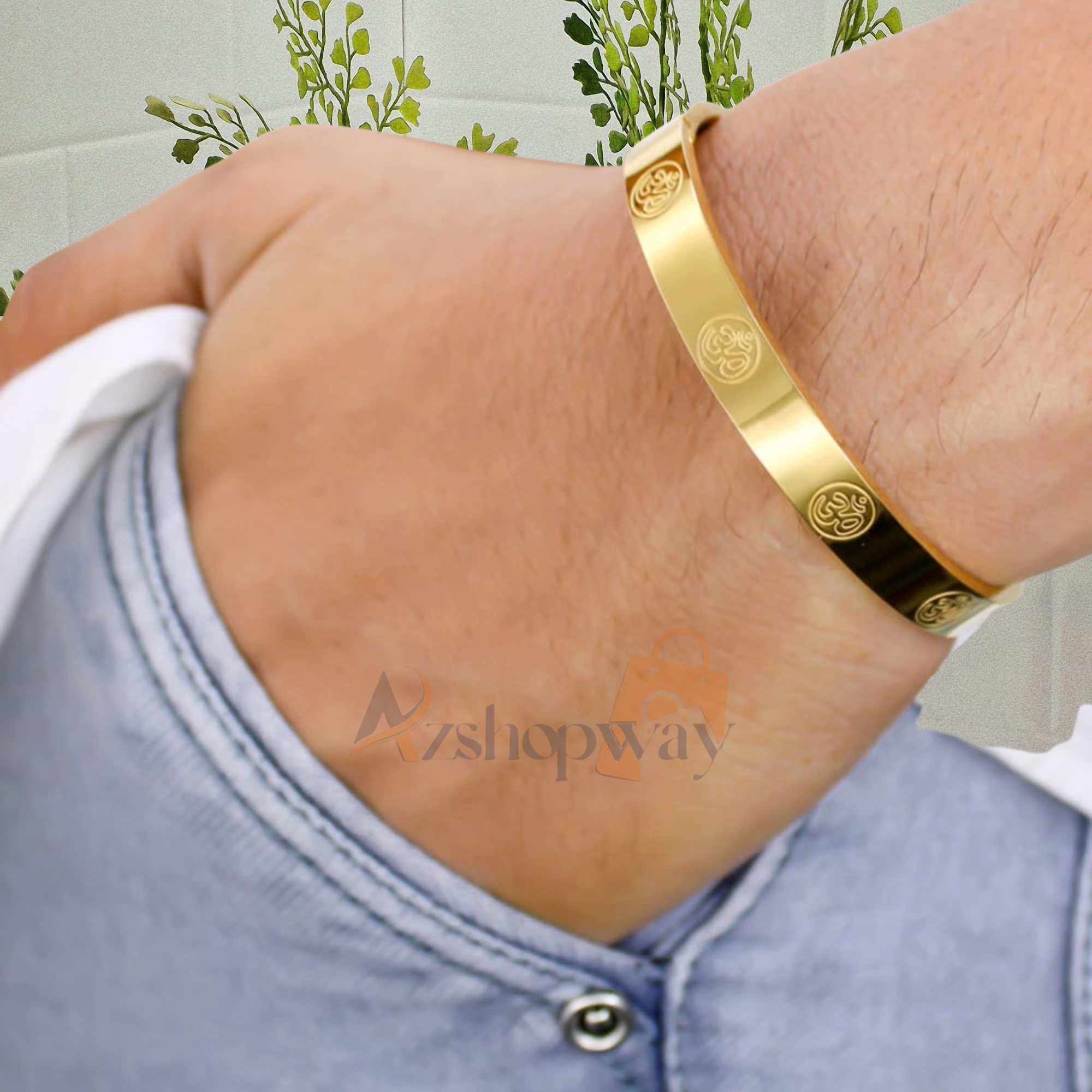 Azshopway Stunning Om Gold Bracelet for Men | Stainless Steel Gold Plated Kada | Spiritual Om Wristband | Fixed Size Luxury Bracelet for Men & Boys - Image 3
