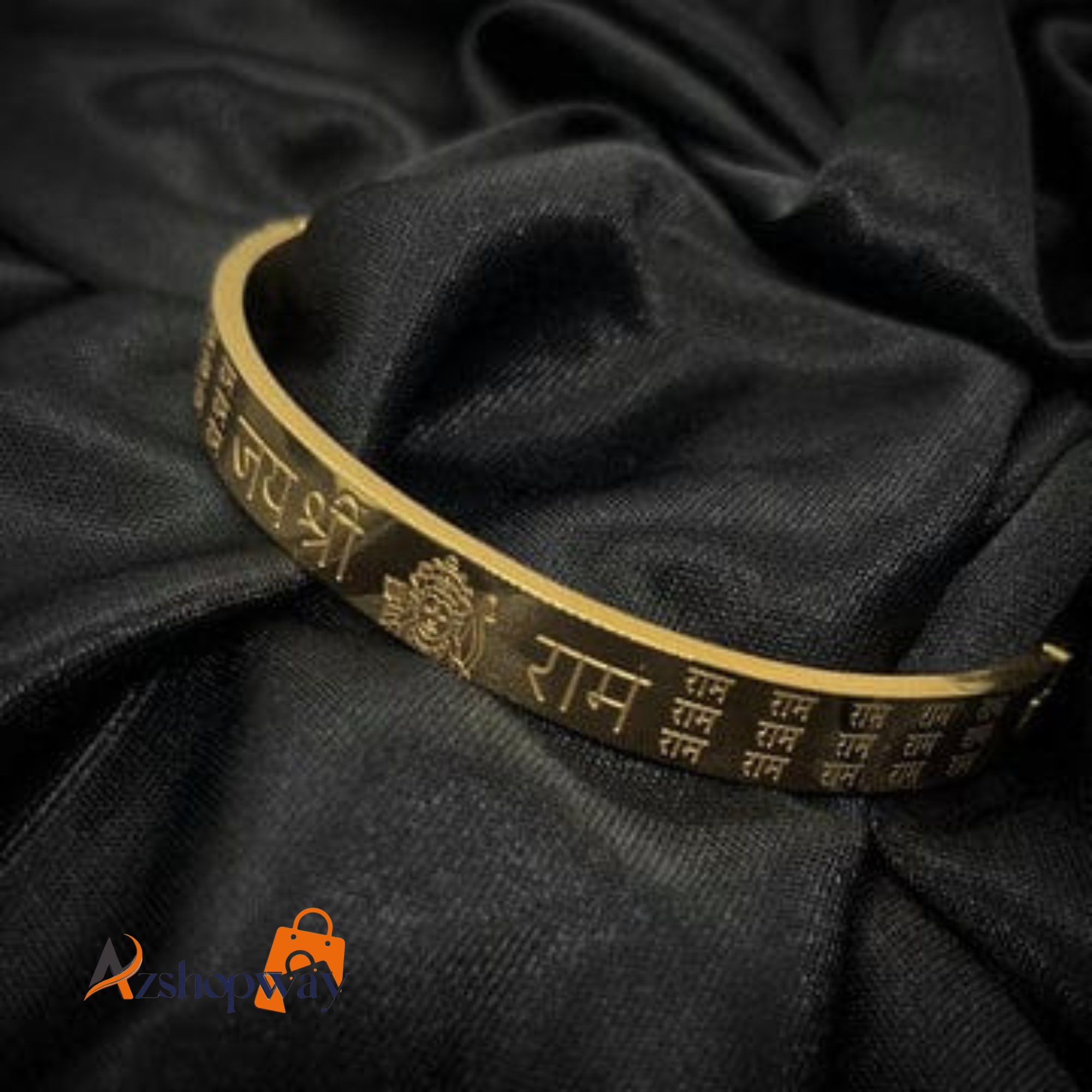 Azshopway Jai Shri Ram Gold Kada for Men (7 Inch) | Stainless Steel Ram Naam Bracelet | Gold Plated Religious Wristband | Waterproof Anti-Tarnish | Gift for Men & Boys - Image 2