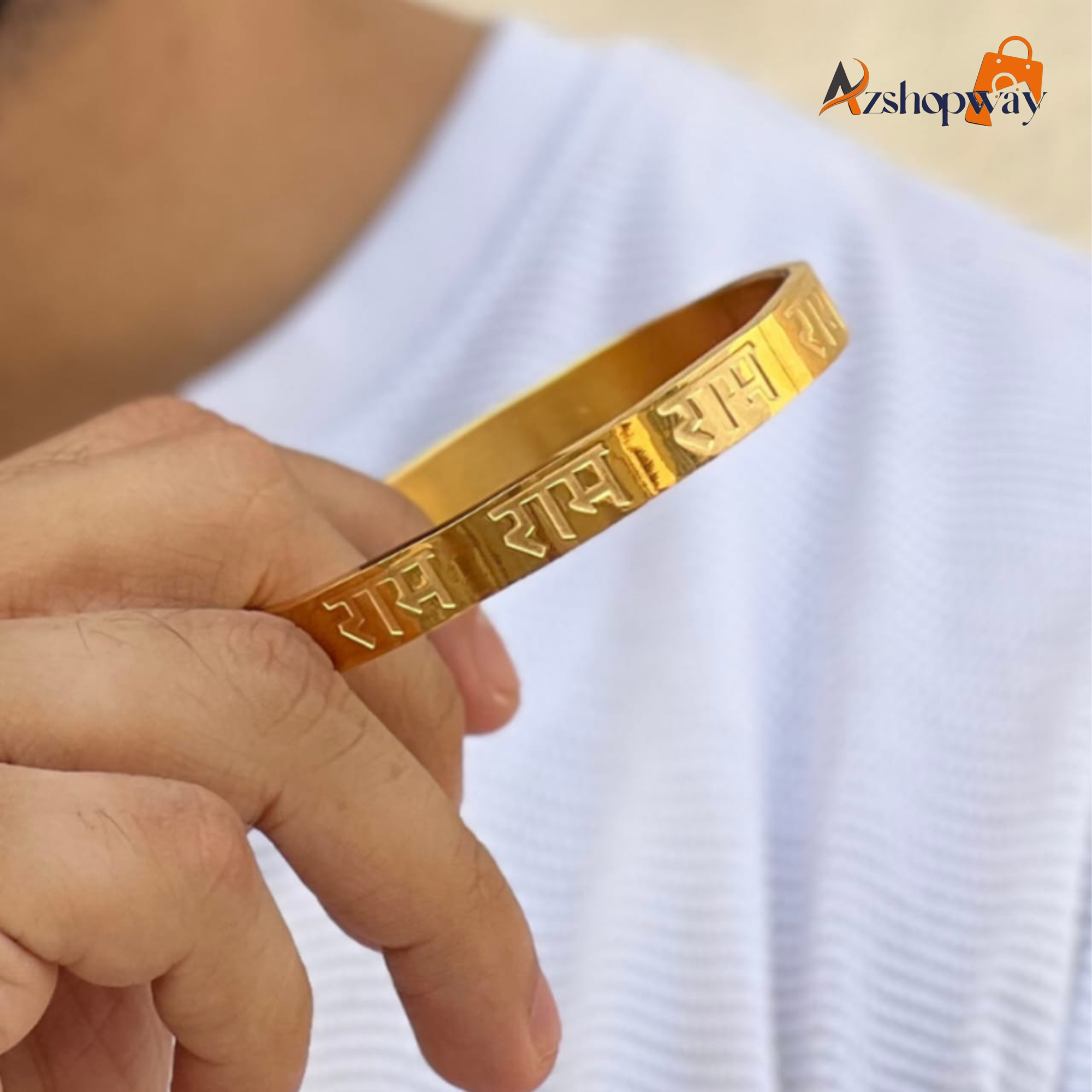Azshopway Divine Ram Men's Gold Bracelet| Ram Kada for Men | Jai Shri Ram Gold Bracelet | Stainless Steel Religious Kada | Waterproof Anti-Tarnish Wrist Band | Gift for Men & Boys - Image 2