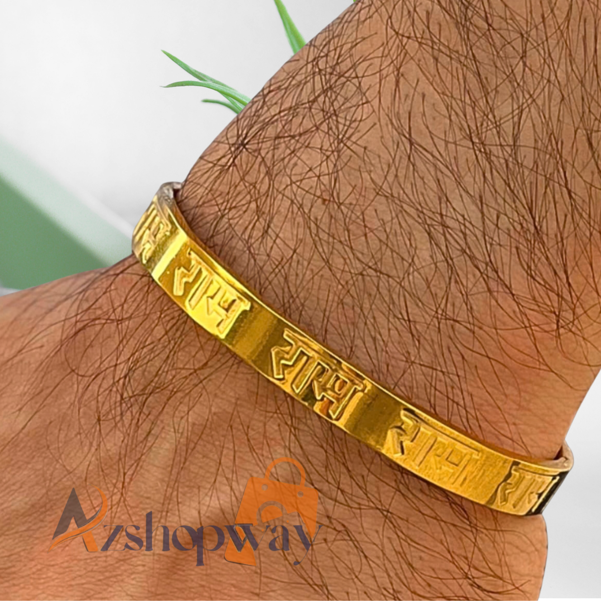 Azshopway Divine Ram Men's Gold Bracelet| Ram Kada for Men | Jai Shri Ram Gold Bracelet | Stainless Steel Religious Kada | Waterproof Anti-Tarnish Wrist Band | Gift for Men & Boys - Image 3