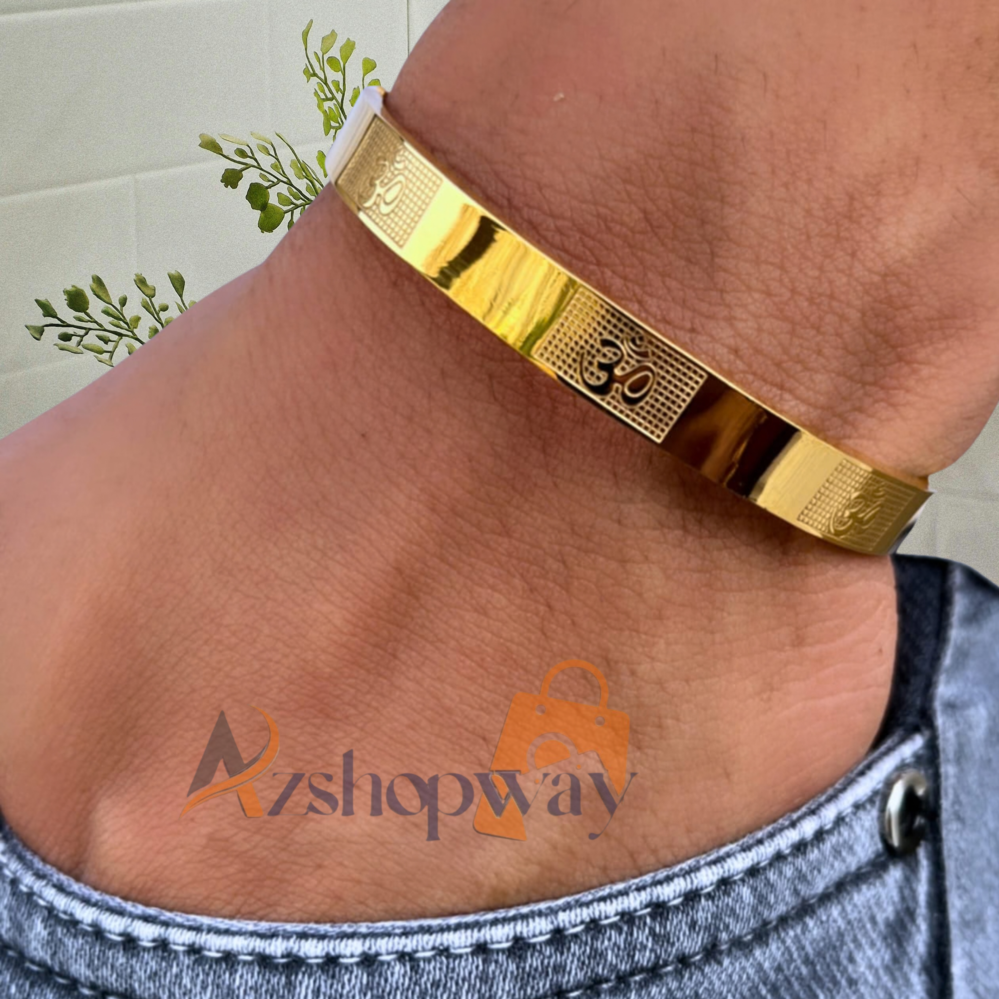 Azshopway Om Carving Gold Bracelet for Men (7 Inch) | Stainless Steel Mahadev Kada | Magnetic Lock Wristband | Waterproof Anti-Tarnish | Spiritual Gift for Husband & Boys - Image 2