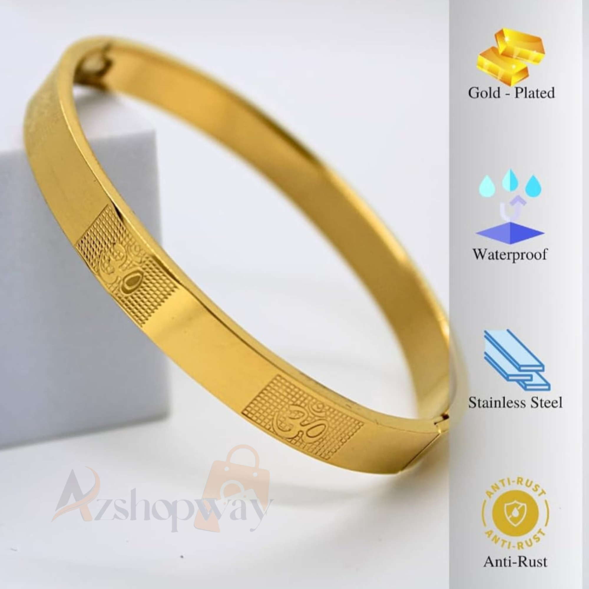 Azshopway Om Carving Gold Bracelet for Men (7 Inch) | Stainless Steel Mahadev Kada | Magnetic Lock Wristband | Waterproof Anti-Tarnish | Spiritual Gift for Husband & Boys - Image 4