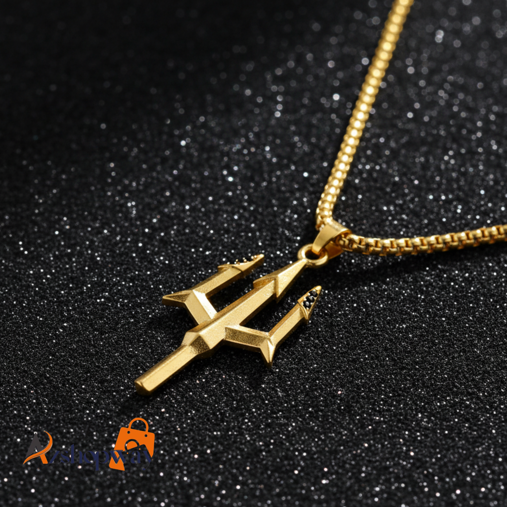 Azshopway Gold Plated Trishul Pendant Necklace for Men & Women | Lord Shiva Trident Chain | Stainless Steel Alloy Chain | Religious Spiritual Jewellery | Daily Wear Stylish Pendant Gift - Image 2
