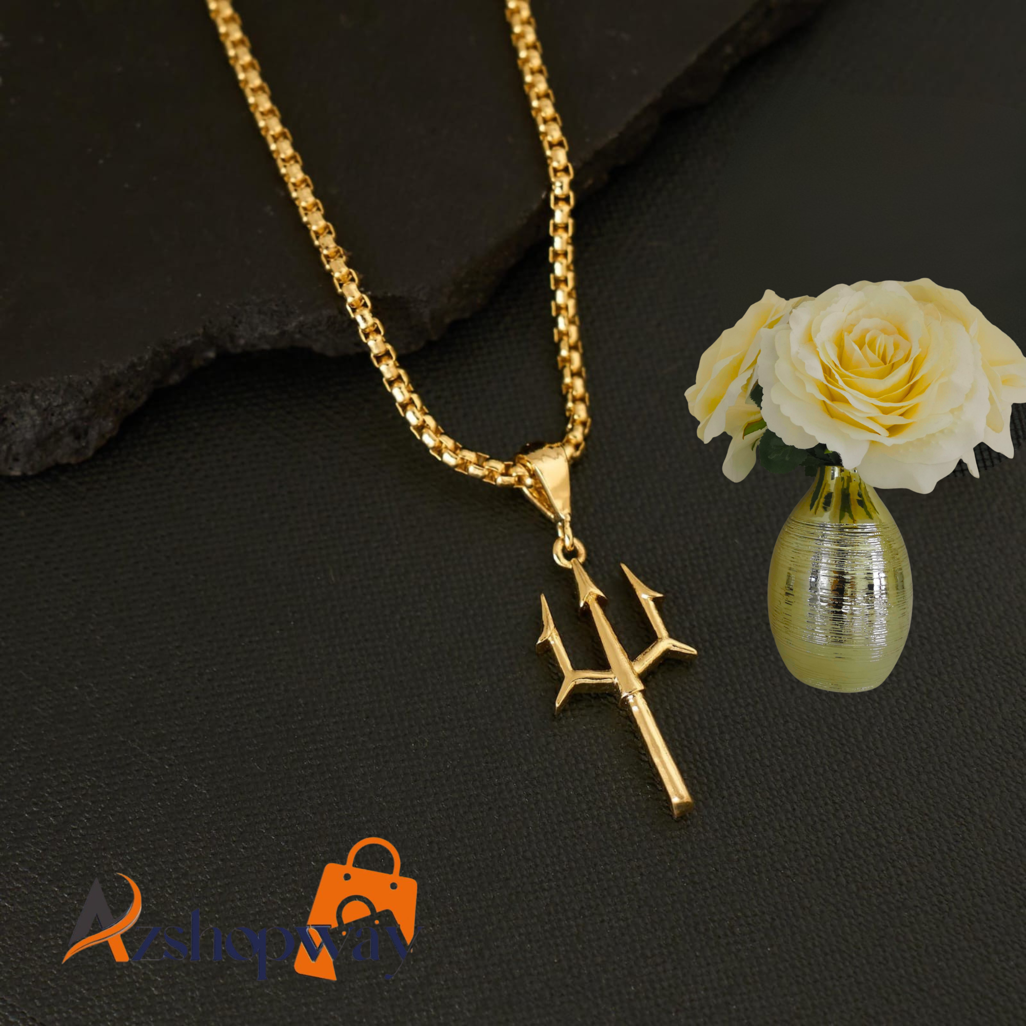 Azshopway Gold Plated Trishul Pendant Necklace for Men & Women | Lord Shiva Trident Chain | Stainless Steel Alloy Chain | Religious Spiritual Jewellery | Daily Wear Stylish Pendant Gift - Image 3