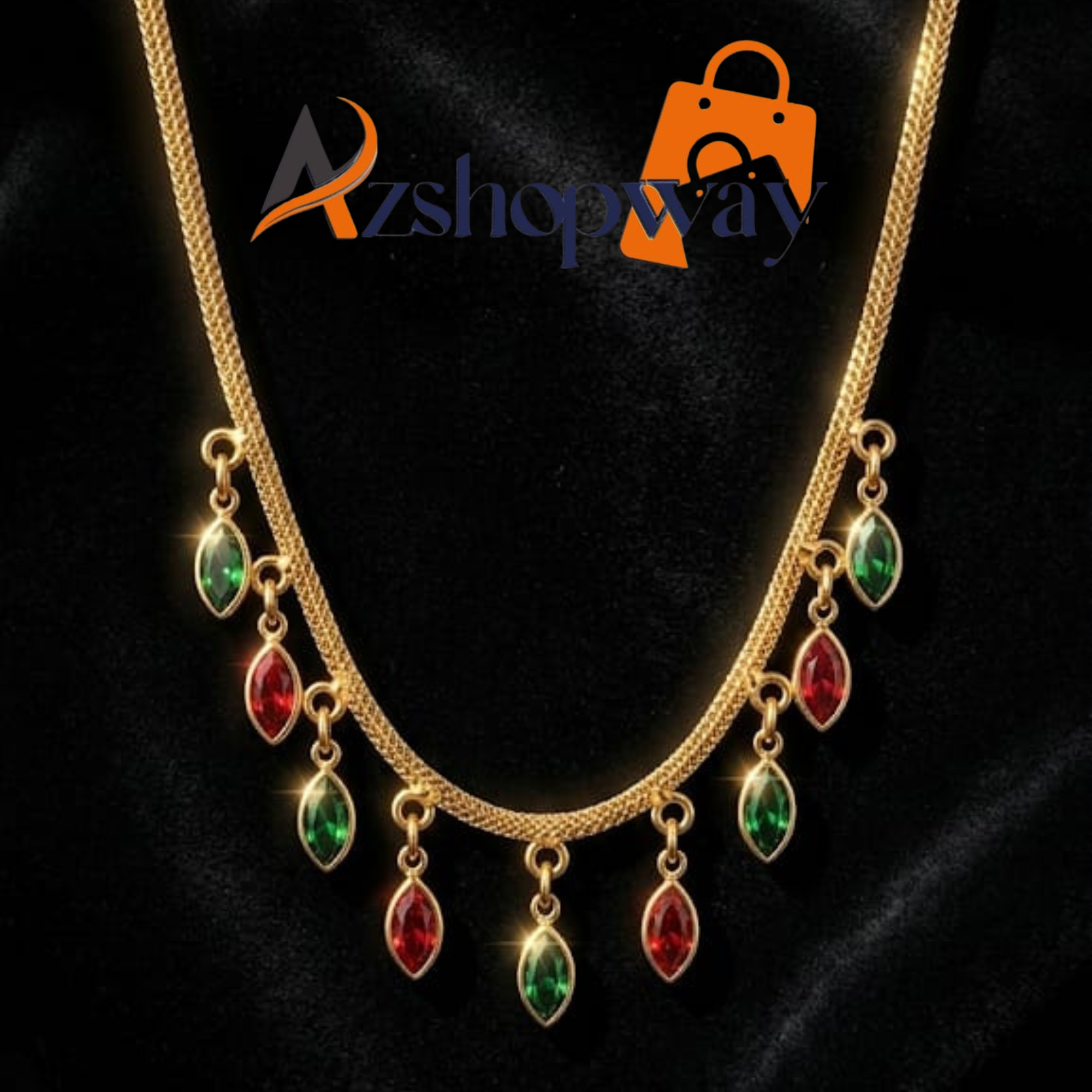 Azshopway Gold Plated Brass with Red and Green Marquise Crystal Charms Necklace for Women | Elegant Red & Green Stone Drop Necklace | Traditional Ethnic Jewellery | Party Wear & Festive gold-Tone Double Chain Necklace - Image 4