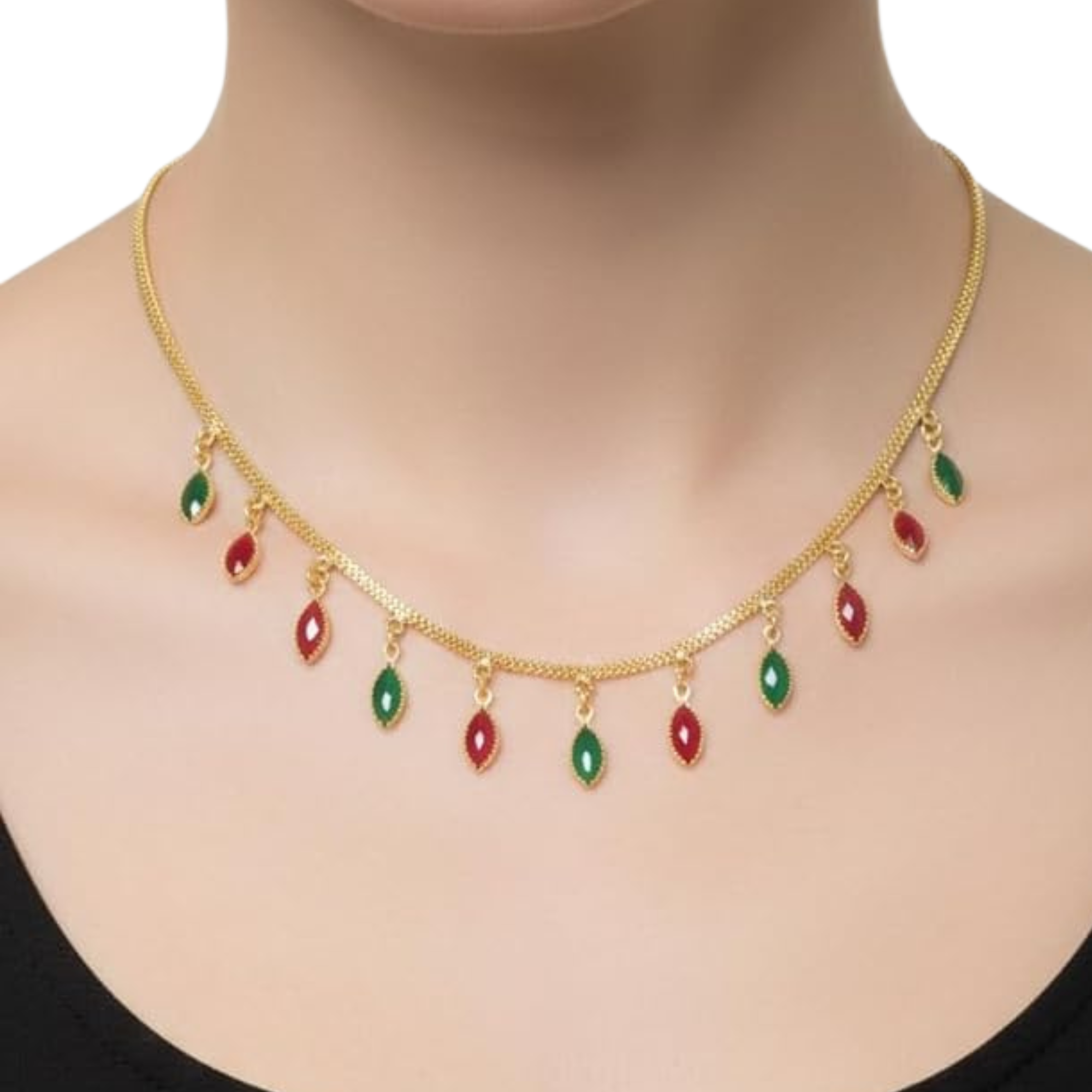 Azshopway Gold Plated Brass with Red and Green Marquise Crystal Charms Necklace for Women | Elegant Red & Green Stone Drop Necklace | Traditional Ethnic Jewellery | Party Wear & Festive gold-Tone Double Chain Necklace - Image 5