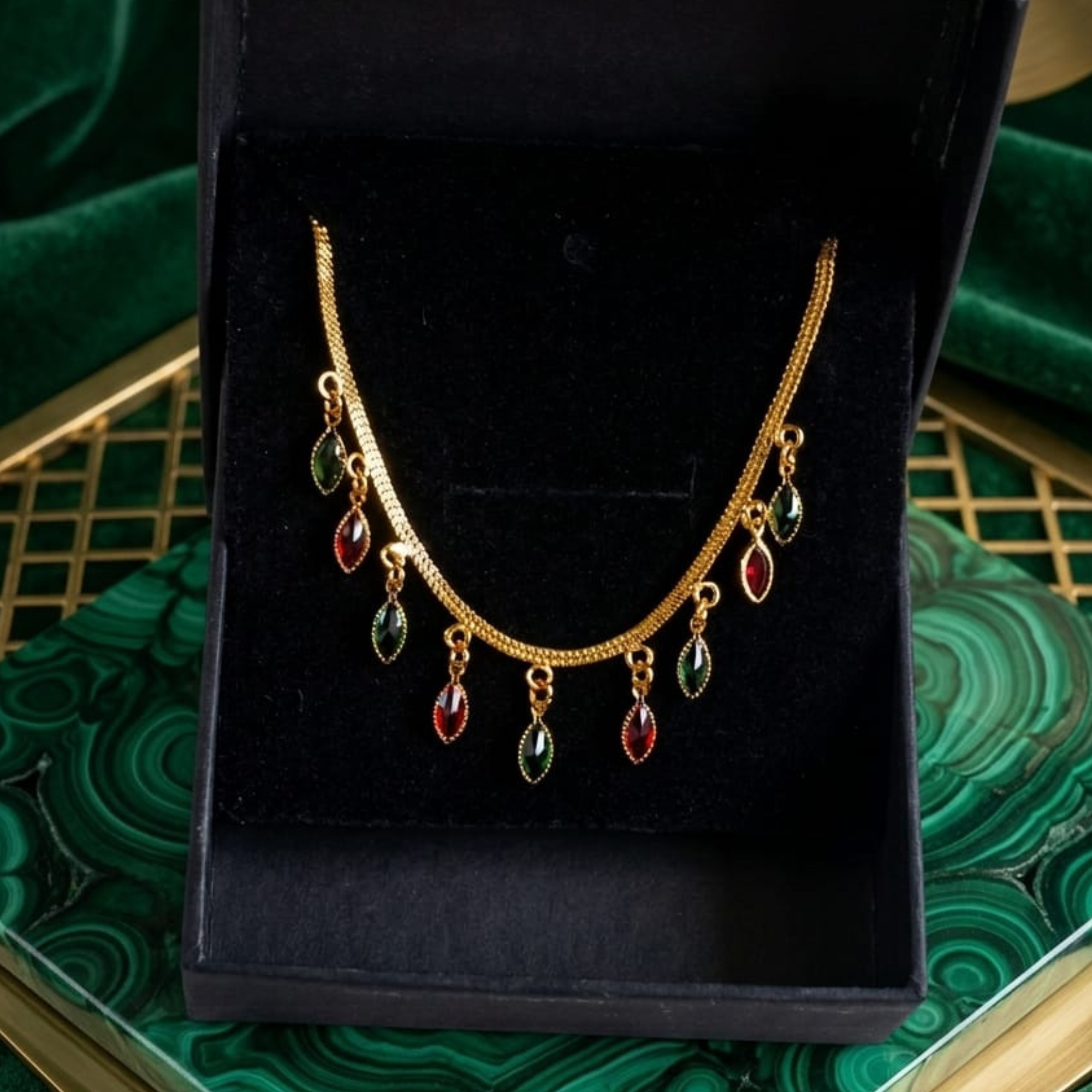 Azshopway Gold Plated Brass with Red and Green Marquise Crystal Charms Necklace for Women | Elegant Red & Green Stone Drop Necklace | Traditional Ethnic Jewellery | Party Wear & Festive gold-Tone Double Chain Necklace - Image 7