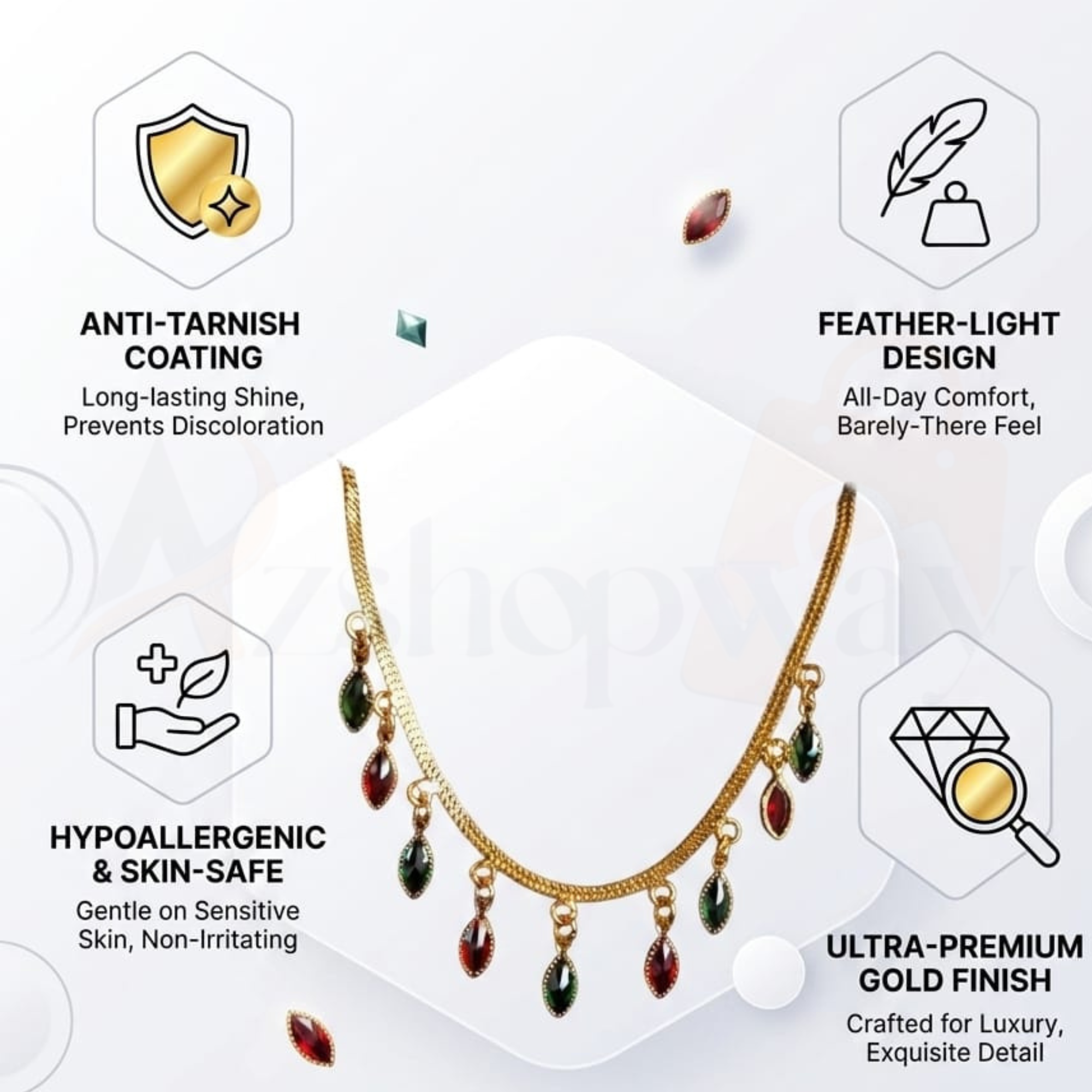 Azshopway Gold Plated Brass with Red and Green Marquise Crystal Charms Necklace for Women | Elegant Red & Green Stone Drop Necklace | Traditional Ethnic Jewellery | Party Wear & Festive gold-Tone Double Chain Necklace - Image 8