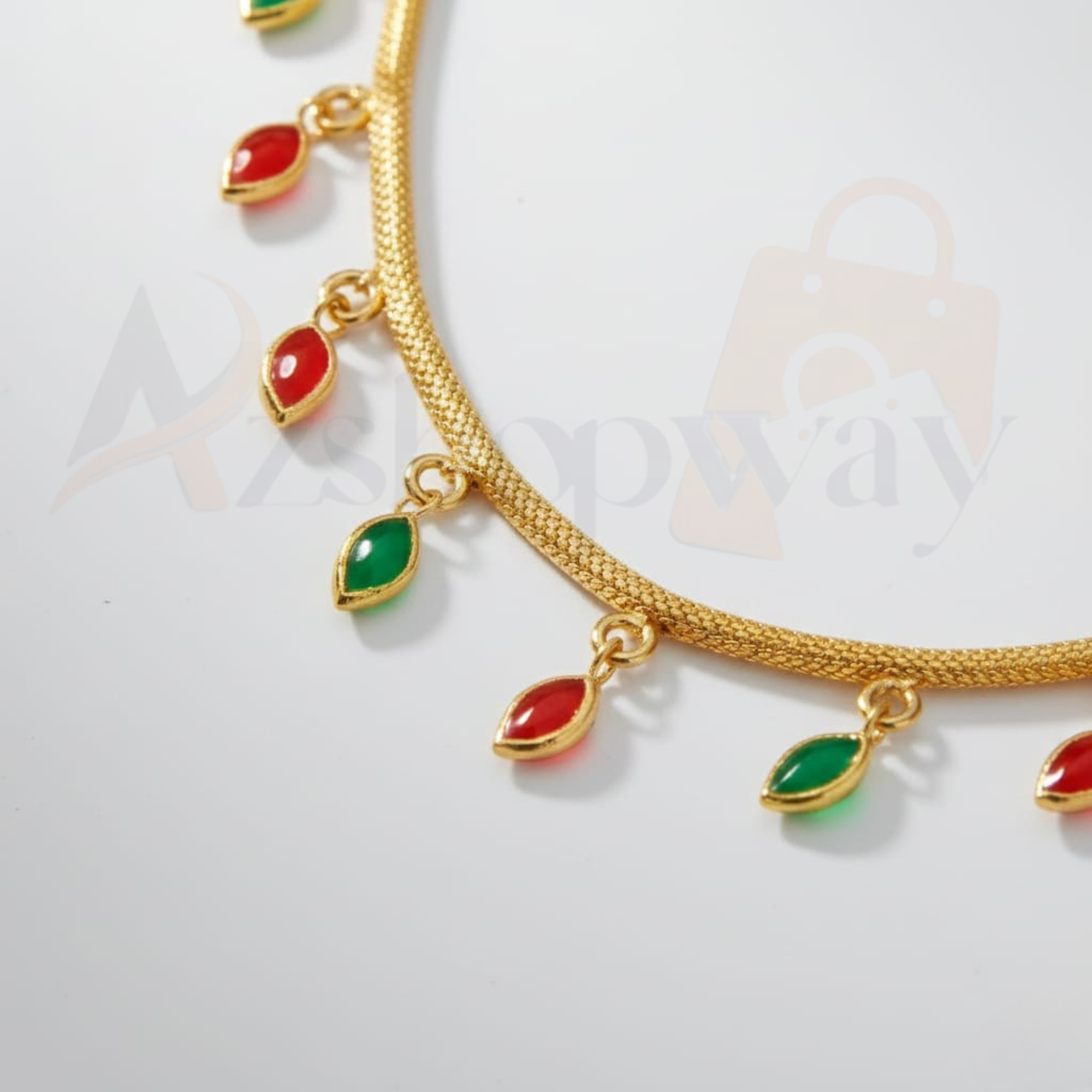 Azshopway Gold Plated Brass with Red and Green Marquise Crystal Charms Necklace for Women | Elegant Red & Green Stone Drop Necklace | Traditional Ethnic Jewellery | Party Wear & Festive gold-Tone Double Chain Necklace - Image 2