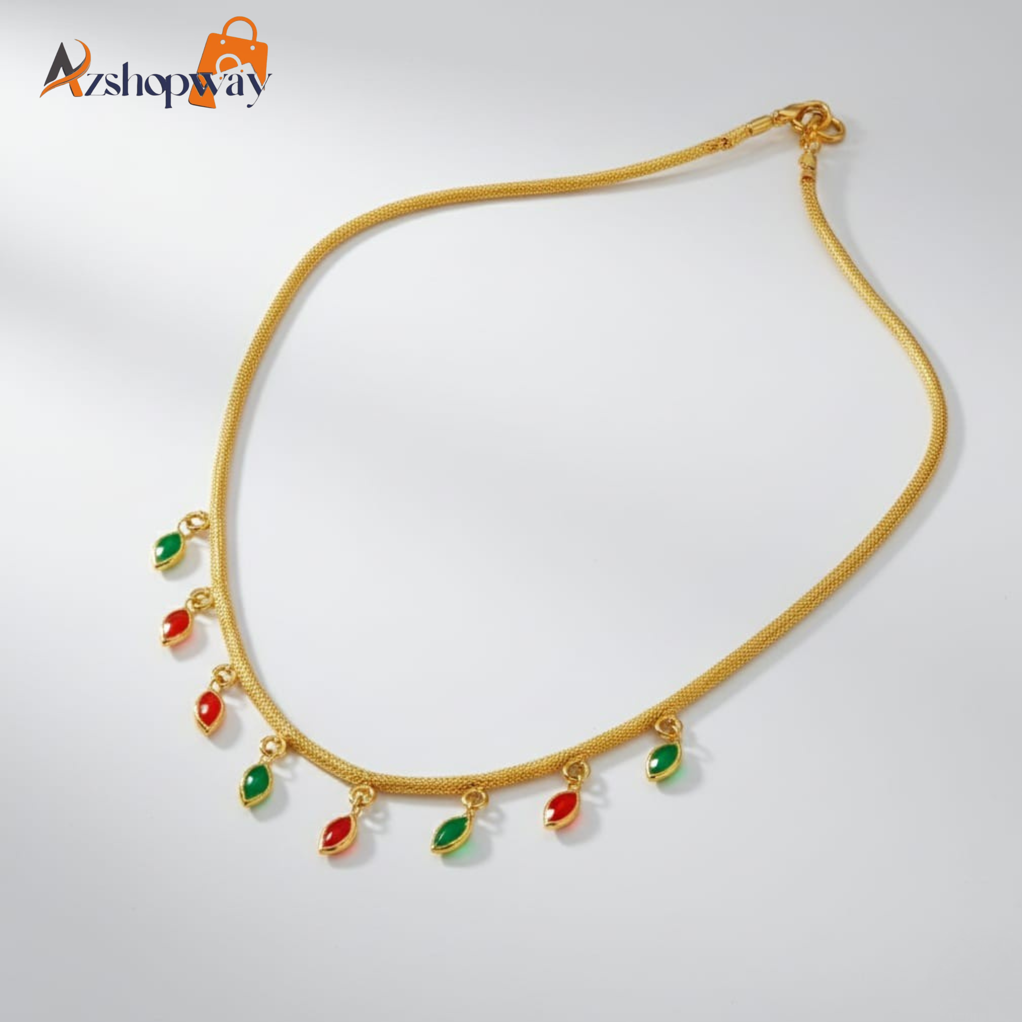 Azshopway Gold Plated Brass with Red and Green Marquise Crystal Charms Necklace for Women | Elegant Red & Green Stone Drop Necklace | Traditional Ethnic Jewellery | Party Wear & Festive gold-Tone Double Chain Necklace - Image 6