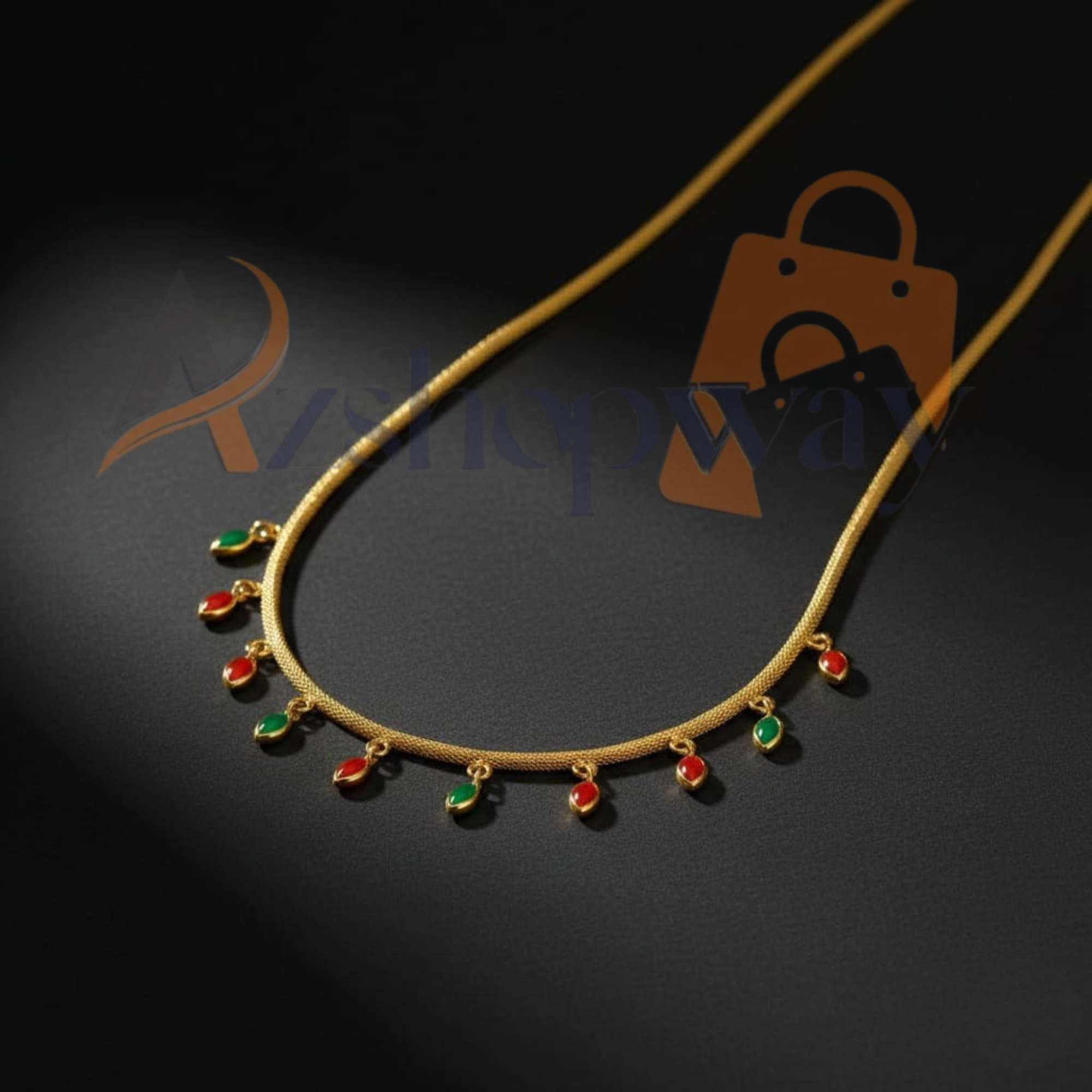Azshopway Gold Plated Brass with Red and Green Marquise Crystal Charms Necklace for Women | Elegant Red & Green Stone Drop Necklace | Traditional Ethnic Jewellery | Party Wear & Festive gold-Tone Double Chain Necklace - Image 3